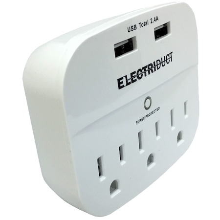 Electriduct Surge Protector 3-Outlet/2 USB Ports- 2.4 AMP- Wall Adapter- White PDU-T2.4A-3P-2U-WT